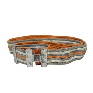 HERMES Gray White Orange Rayon Polyester Rubber Belt